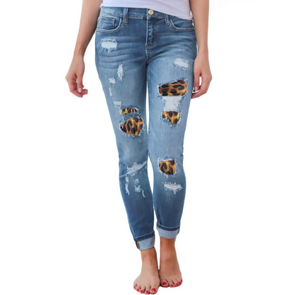 Stretch Denim Hipster Style Women’s Ripped Leopard Skinny Jeans