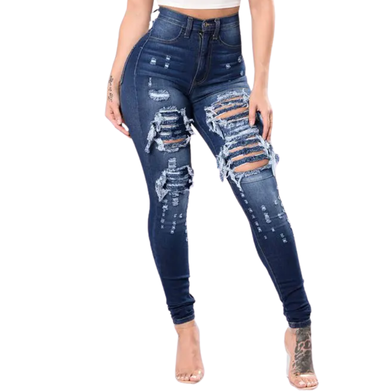 Dark Blue Denim Ripped High-Waist Skinny Jeans for Women