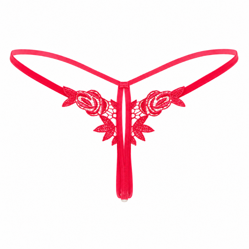 Red lace thong with floral rose embroidery and a thin elastic waistband