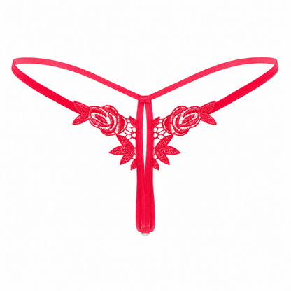 Red lace thong with floral rose embroidery and a thin elastic waistband