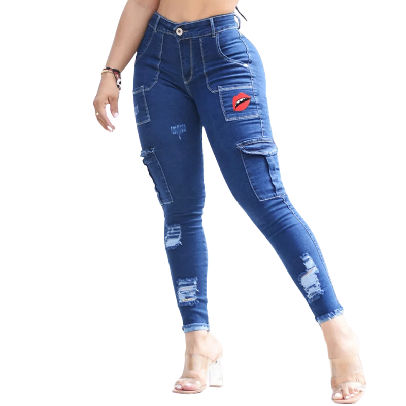 Sexy Blue High-Waist Skinny Jeans for Women with Pockets & Print