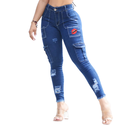 Sexy Blue High-Waist Skinny Jeans for Women with Pockets & Print