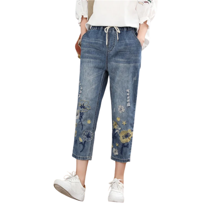 Summer Chic Vintage Floral Embroidered Ripped Harem Jeans for Women