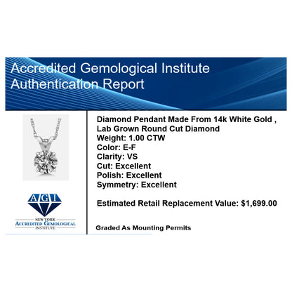1.00 CTW Round Lab Grown Diamond Pendant Necklace in 14K Gold | AGI Certified | E-F Color, VS1-VS2 Clarity | 18 Inch Chain