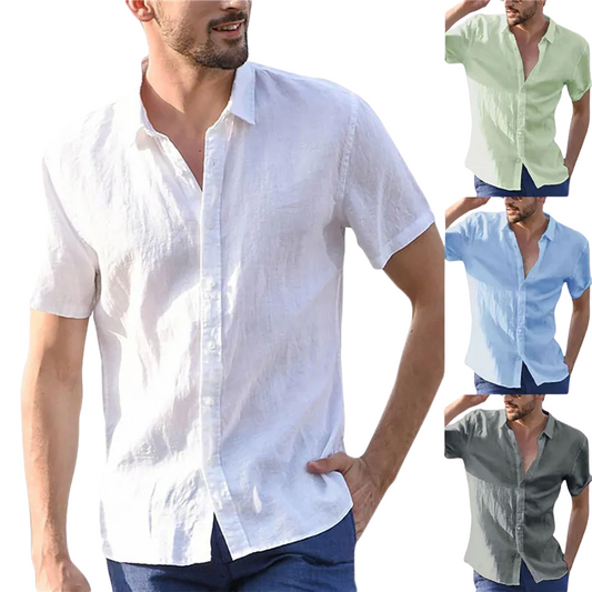 Casual Solid Summer Men’s Cotton Linen Short Sleeve Shirt