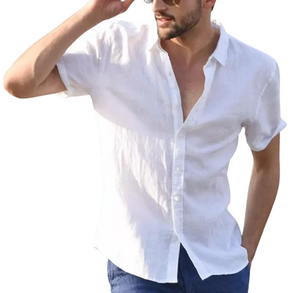 Casual Solid Summer Men’s Cotton Linen Short Sleeve Shirt