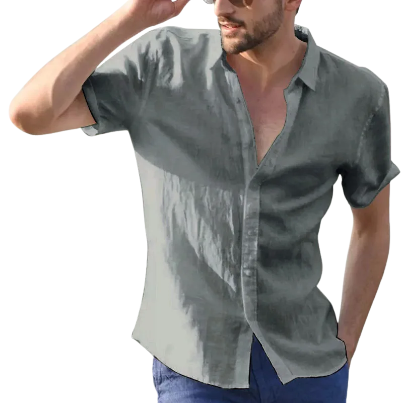 Casual Solid Summer Men’s Cotton Linen Short Sleeve Shirt