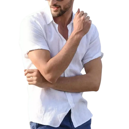 Casual Solid Summer Men’s Cotton Linen Short Sleeve Shirt