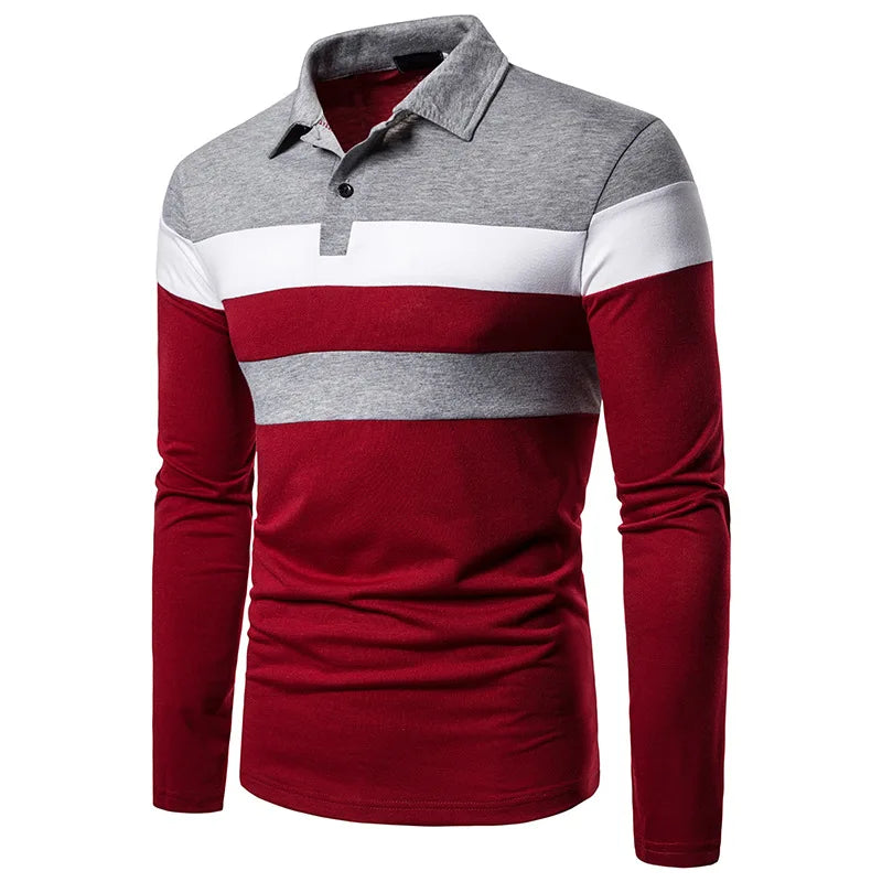 Men’s Striped Long Sleeve Polo Casual Contrast Collar Shirt