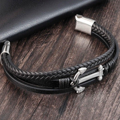 Men's Stainless Steel Anchor & Genuine Leather Bracelet