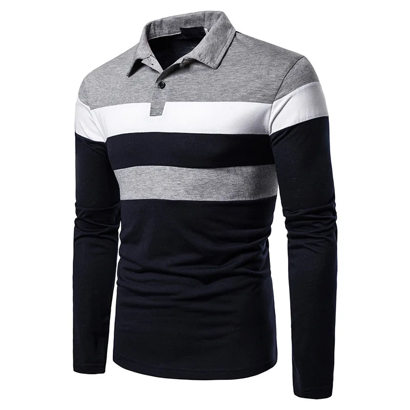 Men’s Striped Long Sleeve Polo Casual Contrast Collar Shirt