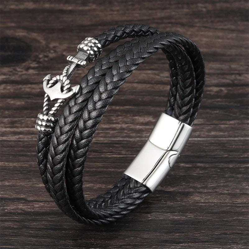 Men's Stainless Steel Anchor & Genuine Leather Bracelet