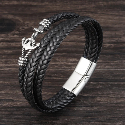 Men's Stainless Steel Anchor & Genuine Leather Bracelet