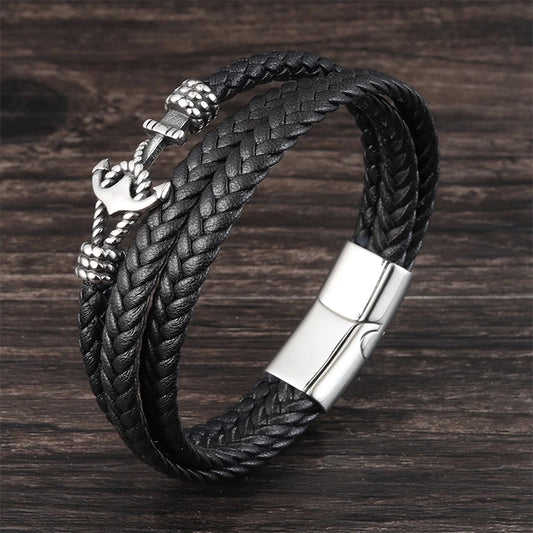 Men’s Genuine Leather Anchor Bracelet with Stainless Steel Detail