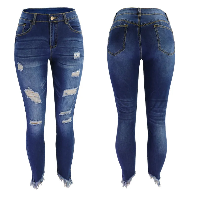 Blue Denim with Tassel & Ripped Detail Women's Summer Skinny Jeans