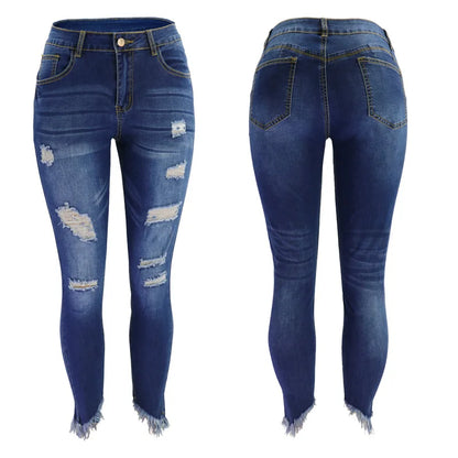 Blue Denim with Tassel & Ripped Detail Women's Summer Skinny Jeans