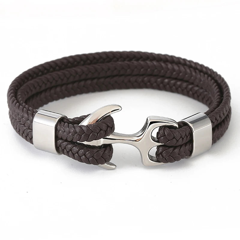 Men's Stainless Steel Anchor & Genuine Leather Bracelet