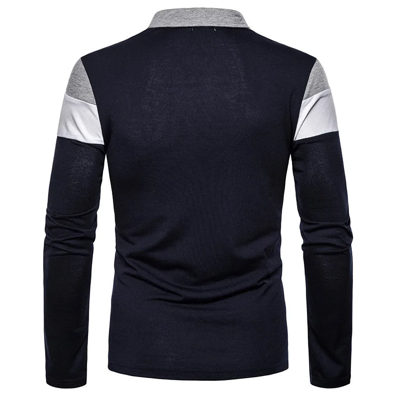 Men’s Striped Long Sleeve Polo Casual Contrast Collar Shirt