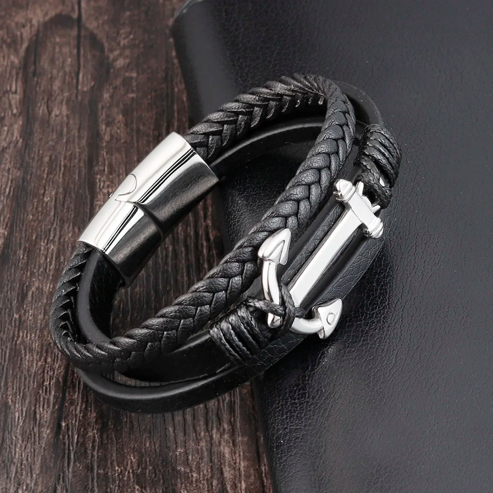 Men's Stainless Steel Anchor Genuine Leather Party Bracelet