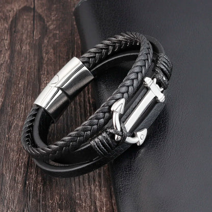 Men's Stainless Steel Anchor Genuine Leather Party Bracelet