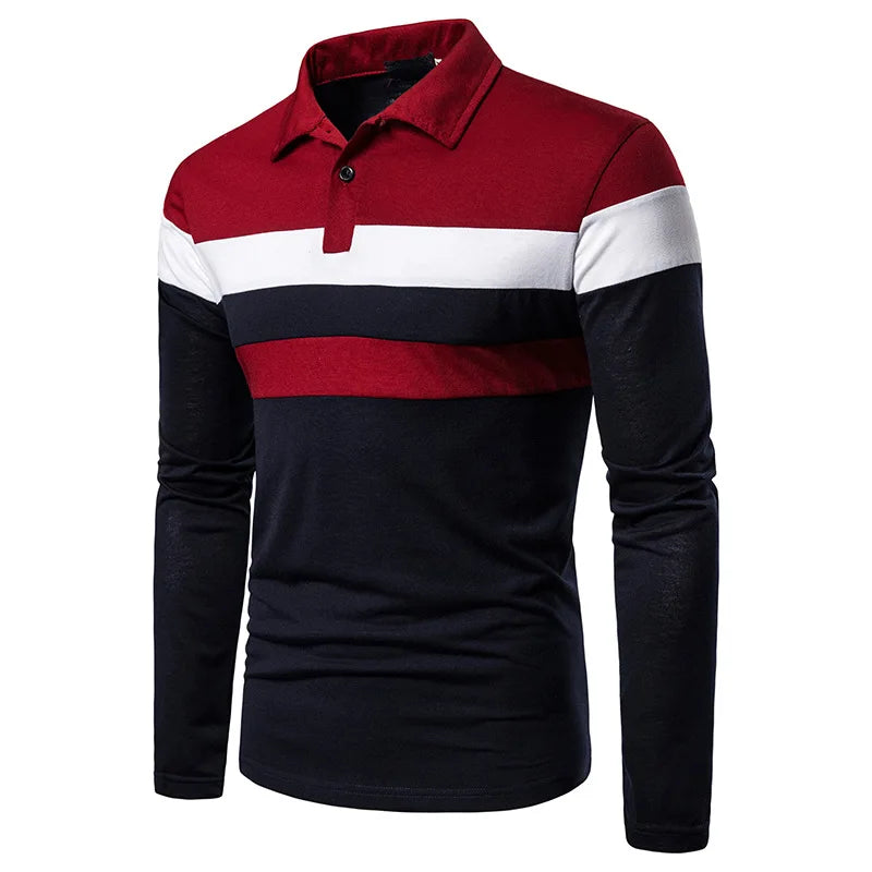 Men’s Striped Long Sleeve Polo Casual Contrast Collar Shirt