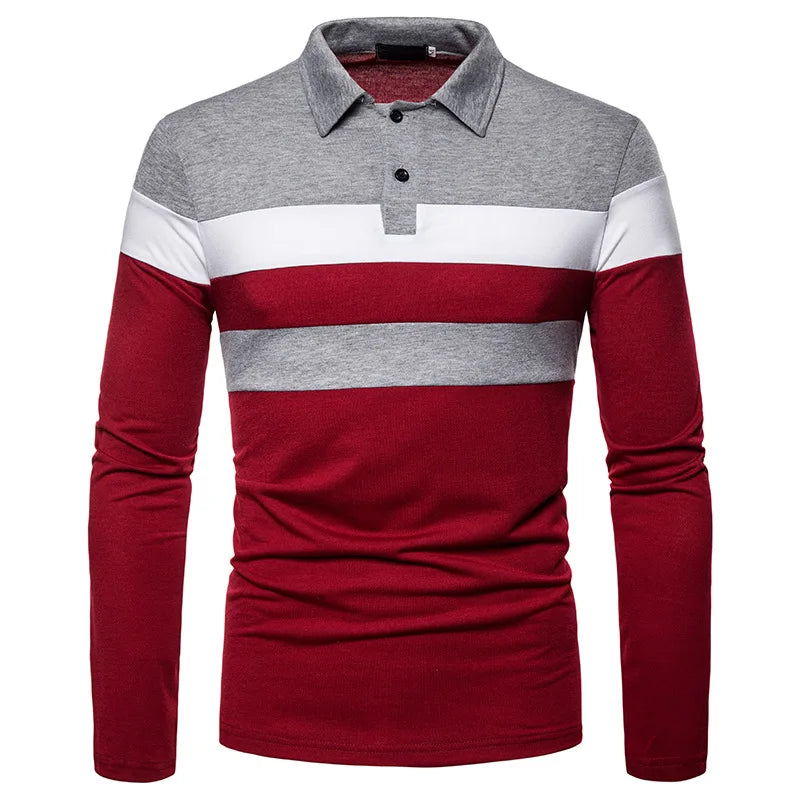 Men’s Striped Long Sleeve Polo Casual Contrast Collar Shirt