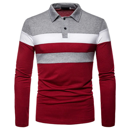 Men’s Striped Long Sleeve Polo Casual Contrast Collar Shirt