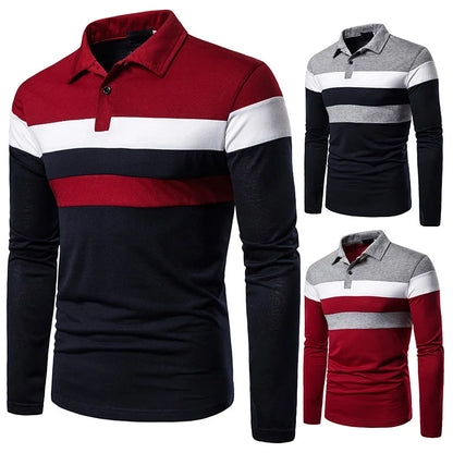 Men’s Striped Long Sleeve Polo Casual Contrast Collar Shirt