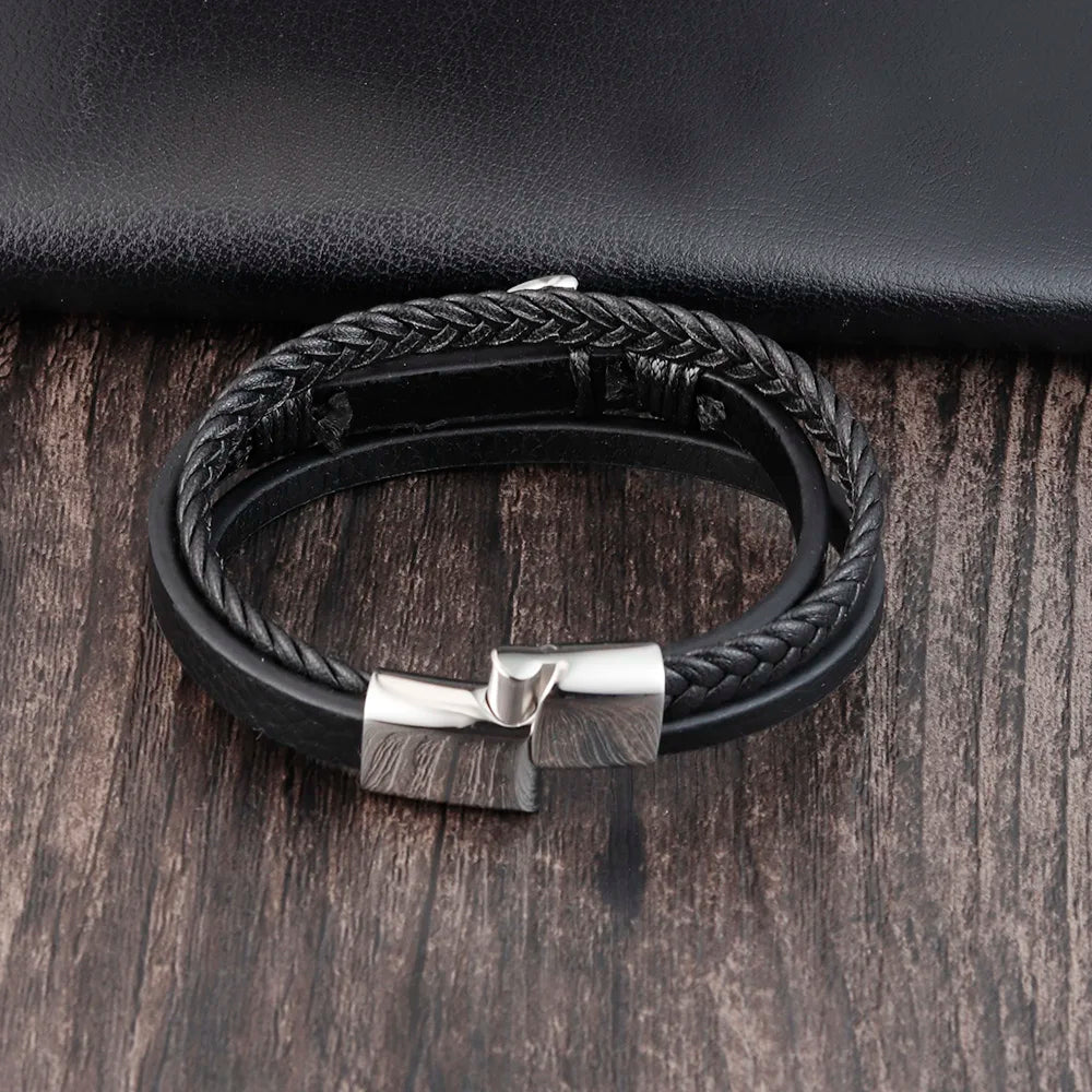 Men's Stainless Steel Anchor & Genuine Leather Bracelet