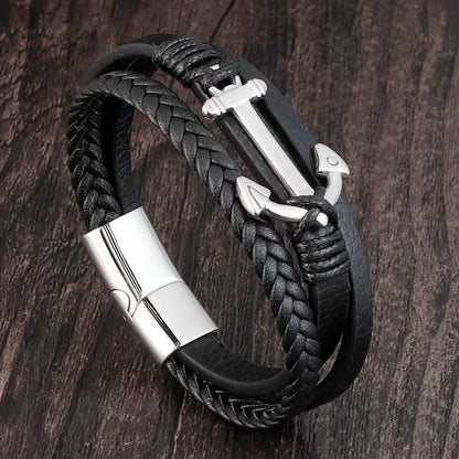 Men's Stainless Steel Anchor & Genuine Leather Bracelet