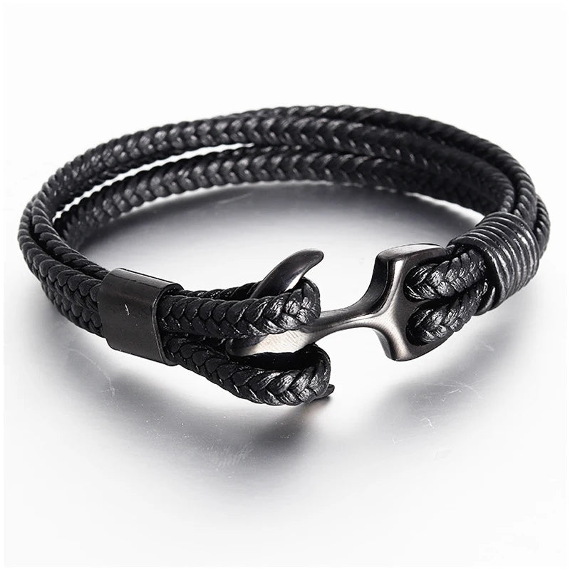 Men's Stainless Steel Anchor & Genuine Leather Bracelet