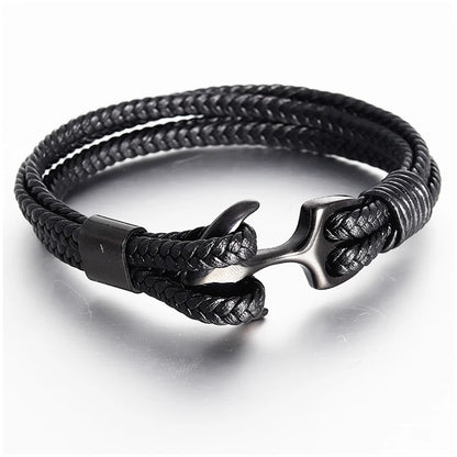 Men's Stainless Steel Anchor & Genuine Leather Bracelet
