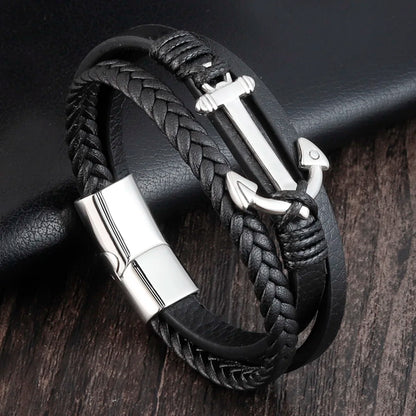 Men's Stainless Steel Anchor Genuine Leather Party Bracelet
