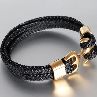 Men's Stainless Steel Anchor & Genuine Leather Bracelet