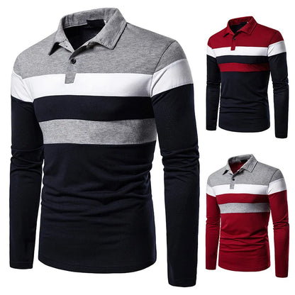 Men’s Striped Long Sleeve Polo Casual Contrast Collar Shirt