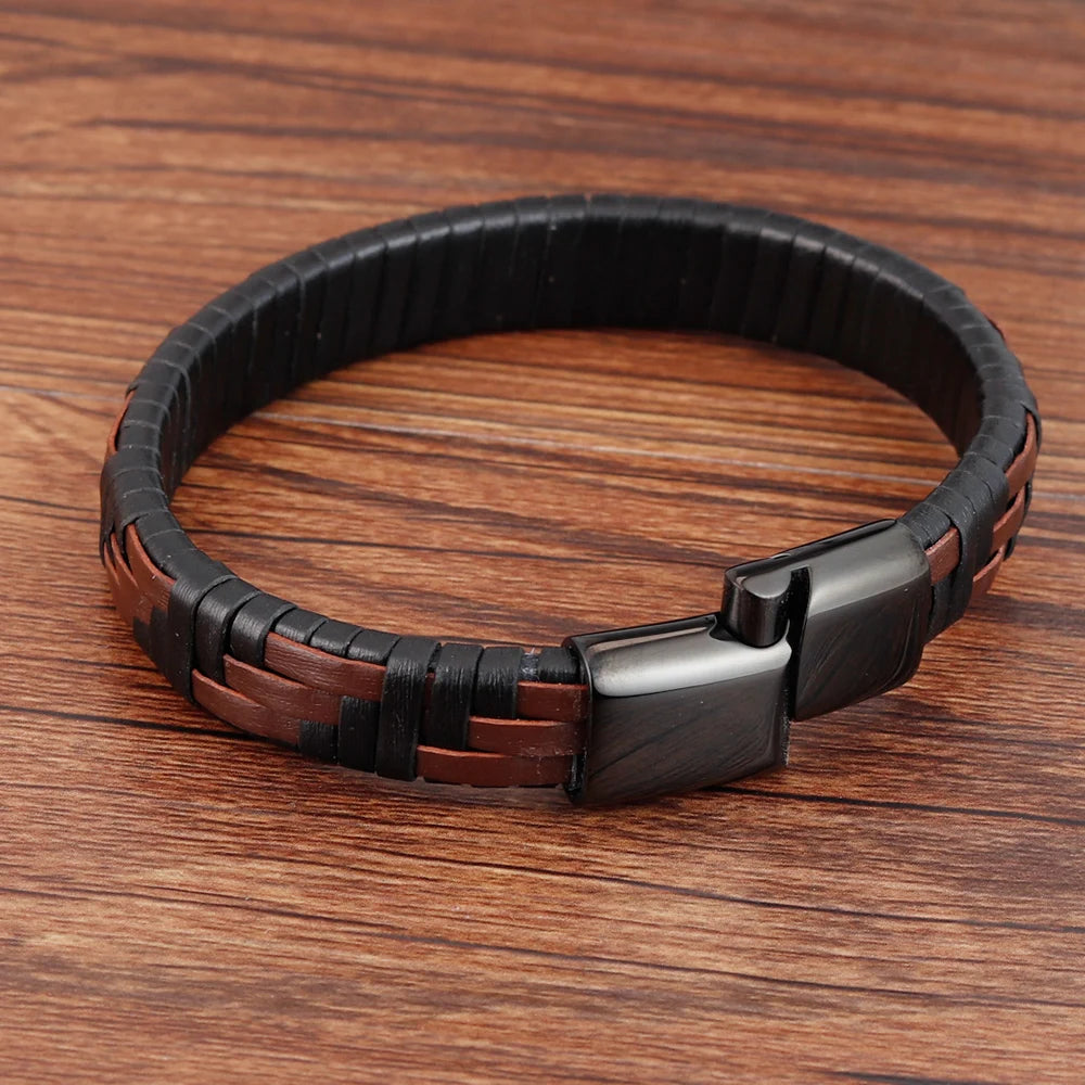 Men's Hand-Knitted Leather Bracelet with Magnetic Steel Clasp