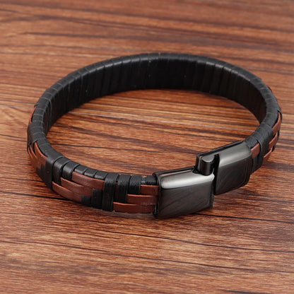 Men's Hand-Knitted Leather Bracelet with Magnetic Steel Clasp