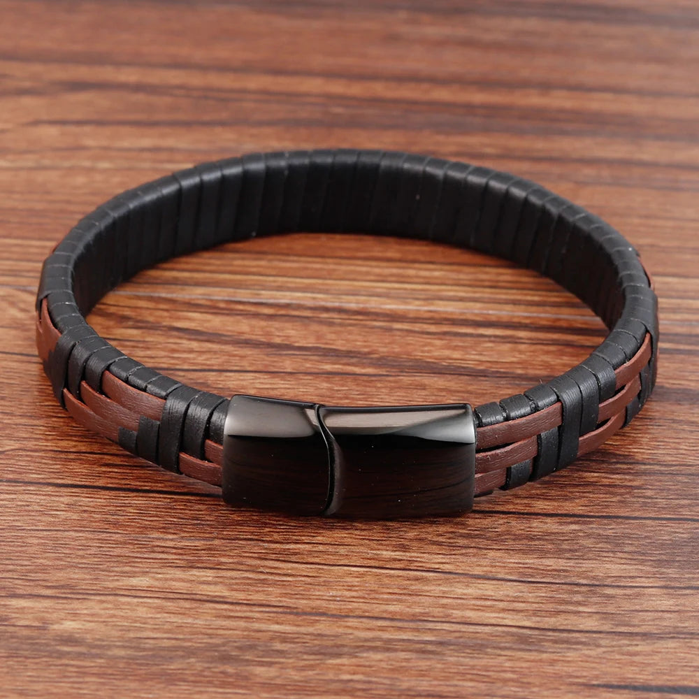 Men's Hand-Knitted Leather Bracelet with Magnetic Steel Clasp