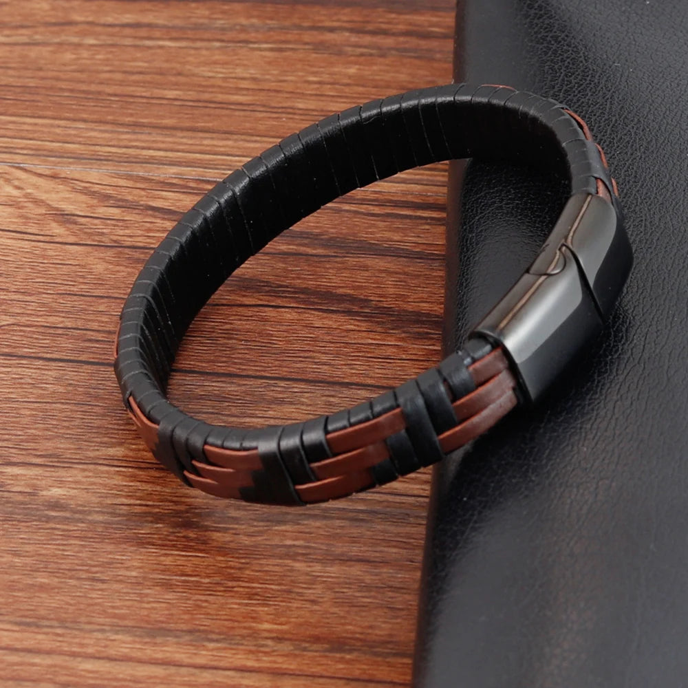Men's Hand-Knitted Leather Bracelet with Magnetic Steel Clasp