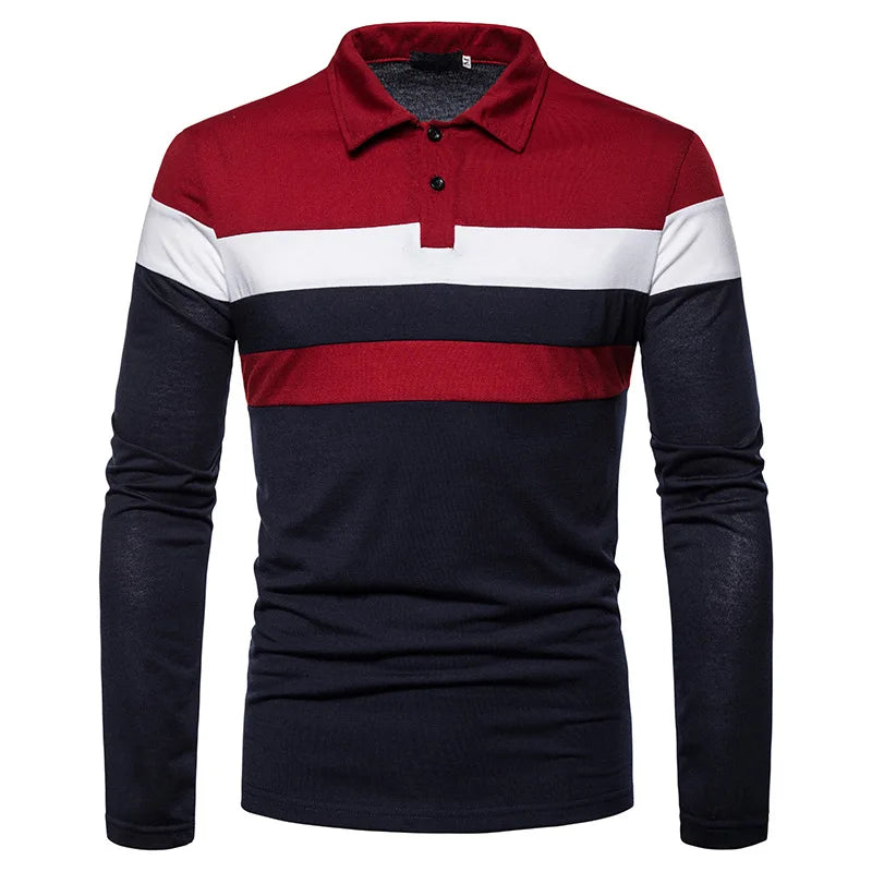 Men’s Striped Long Sleeve Polo Casual Contrast Collar Shirt