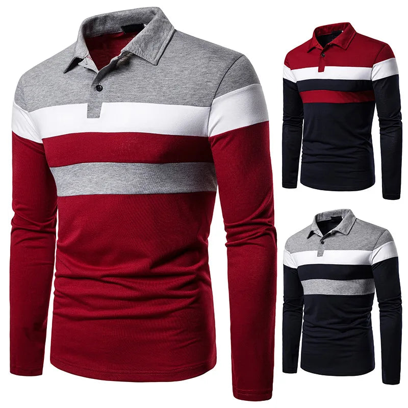 Men’s Striped Long Sleeve Polo Casual Contrast Collar Shirt