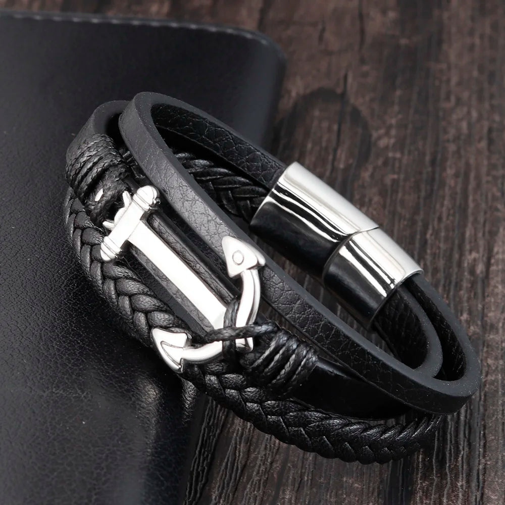 Men's Stainless Steel Anchor Genuine Leather Party Bracelet