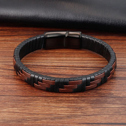 Men's Hand-Knitted Leather Bracelet with Magnetic Steel Clasp