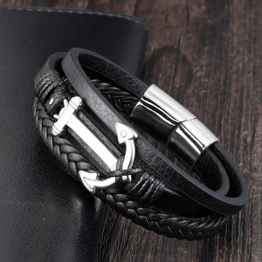 Men's Stainless Steel Anchor Genuine Leather Party Bracelet
