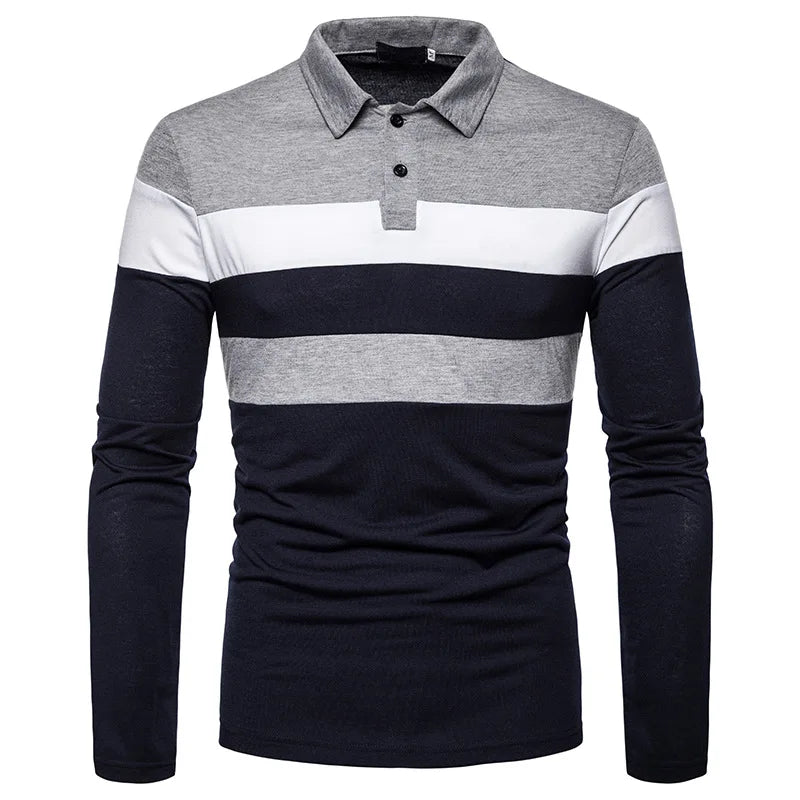 Men’s Striped Long Sleeve Polo Casual Contrast Collar Shirt