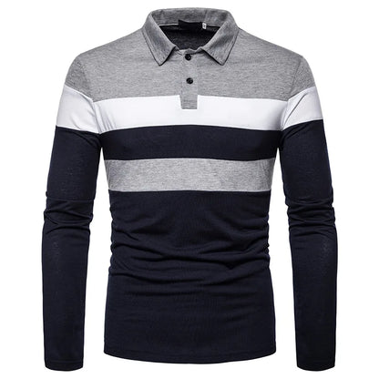 Men’s Striped Long Sleeve Polo Casual Contrast Collar Shirt