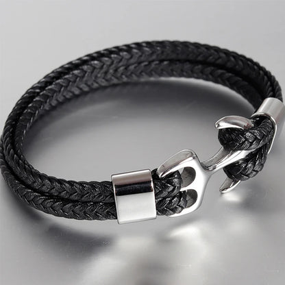 Men's Stainless Steel Anchor & Genuine Leather Bracelet