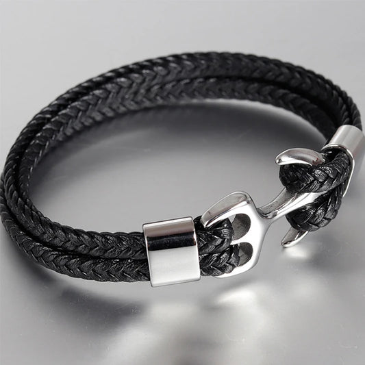 Men's Stainless Steel Anchor & Genuine Leather Bracelet