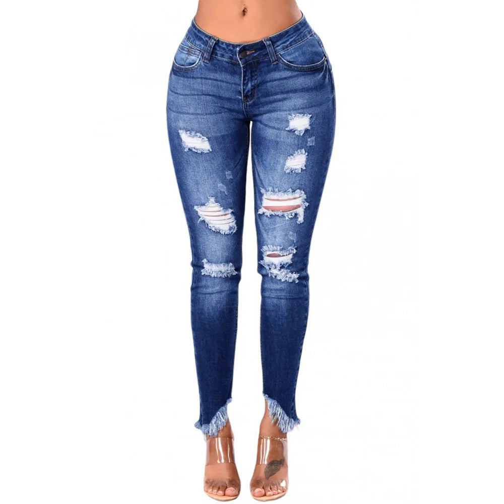Blue Denim with Tassel & Ripped Detail Women's Summer Skinny Jeans