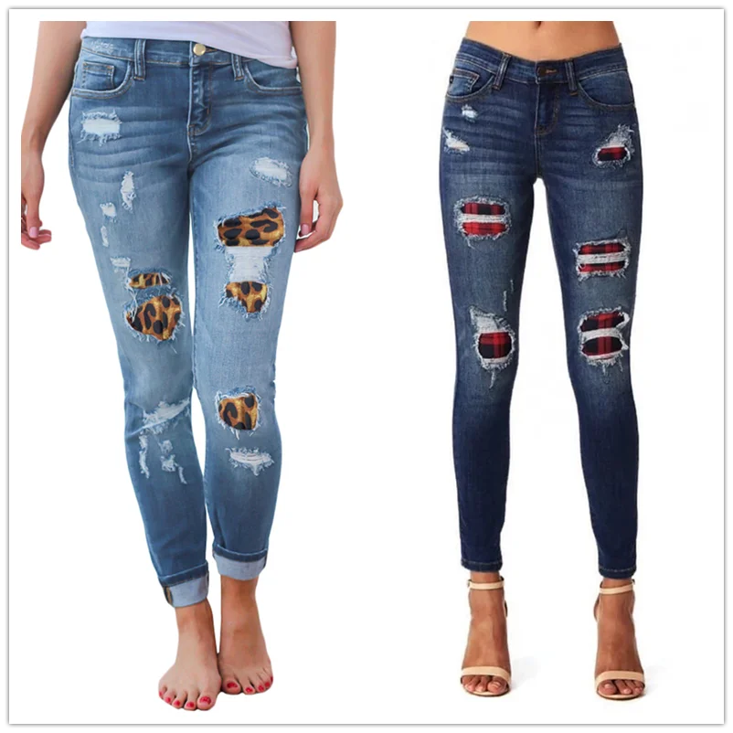 Stretch Denim Hipster Style Women’s Ripped Leopard Skinny Jeans